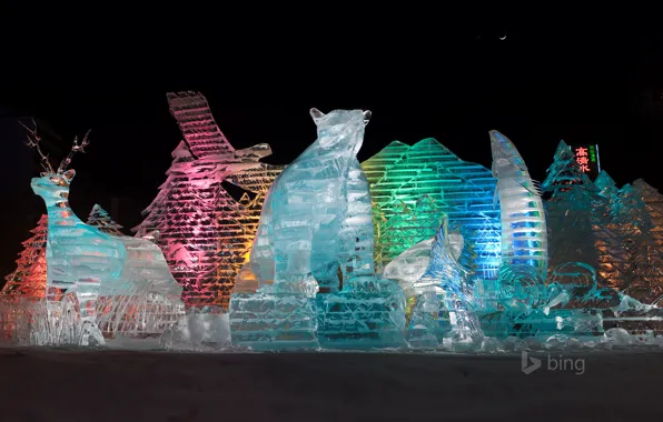 Light, night, color, Japan, Sapporo, ice sculptures, Winter Festival