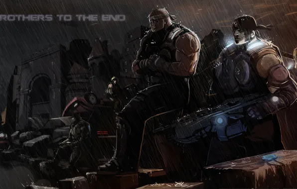 Picture night, rain, soldiers, waiting, gears of war 3, Augustus Cole, Marcus Michael