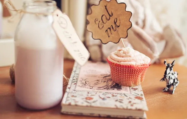 Picture bottle, book, cupcake