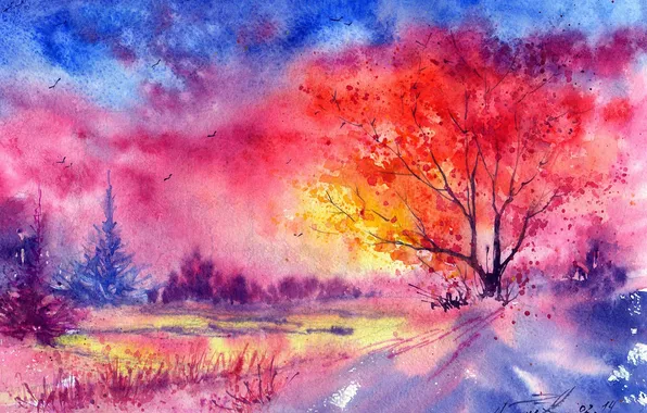 Picture winter, trees, sunset, birds, painted landscape