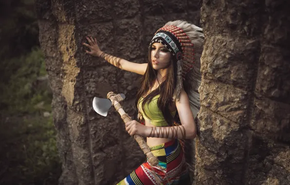 Picture girl, face, background, feathers, axe, headdress