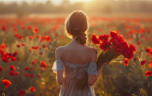 Summer, girl, light, flowers, back, Maki, bouquet, morning