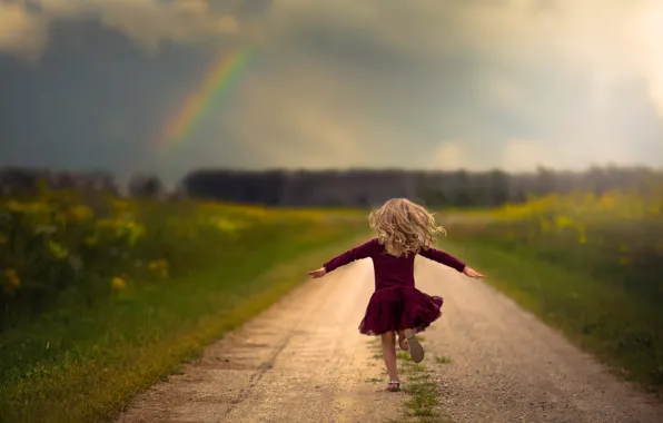 Road, freedom, rainbow, running, girl