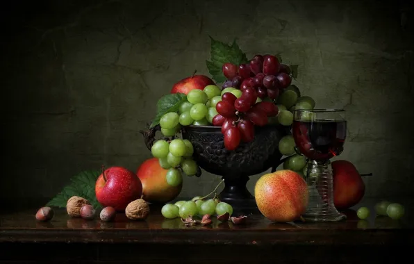 Picture style, apples, grapes, vase, fruit, nuts, still life, a glass of wine