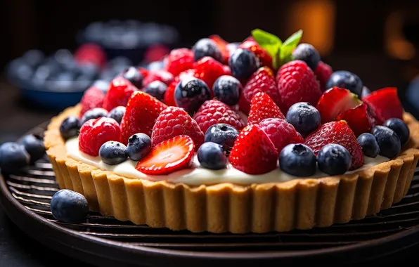 Berries, raspberry, the dark background, blueberries, strawberry, pie, cake, cream