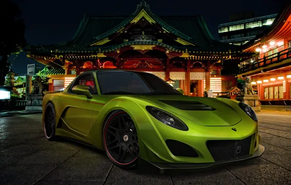 Car, machine, auto, night, green, street, Mazda, Japan