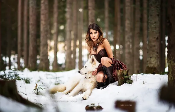 Winter, forest, look, snow, trees, pose, model, portrait