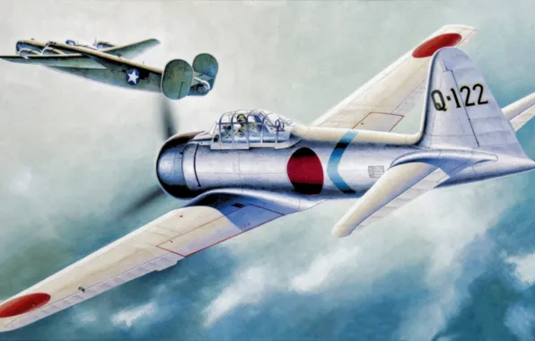 Picture war, art, painting, ww2, b24-liberator, Mitsubishi A6m3, zero fighter type 32