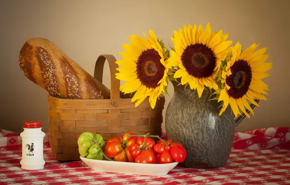 Sunflowers, table, basket, plate, pitcher, still life, tomatoes, tablecloth