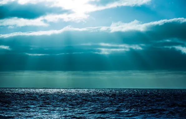 The sky, the sun, rays, clouds, reflection, the ocean, horizon