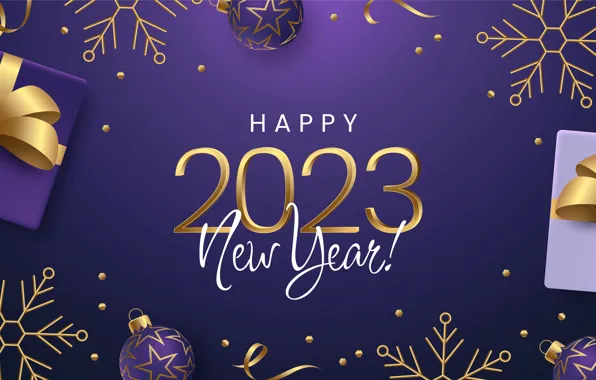 Balls, snowflakes, the inscription, figures, gifts, New year, banner, gold plated