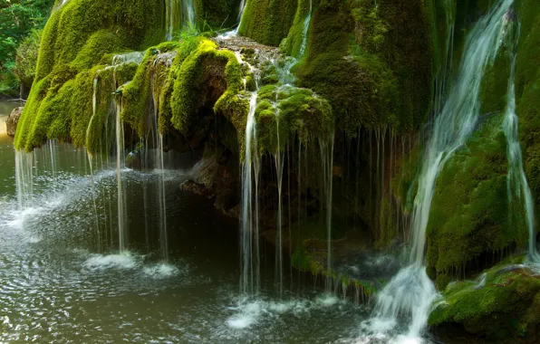 Greens, stones, waterfall, moss, Romania, Bigar Waterfall