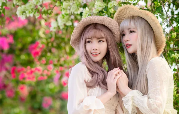 Look, flowers, pose, smile, girls, together, hands, makeup