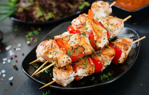 Table, food, chicken, dill, plate, meat, tomatoes, kebab