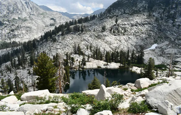 Picture clouds, trees, mountains, lake, stones, rocks, USA, Sequoia National Park