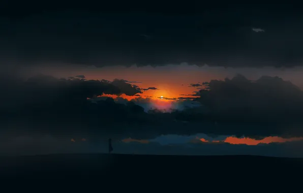 Girl, twilight, sky, landscape, Sunset, art, figure, clouds