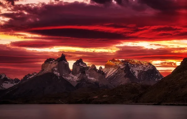 Picture the sky, clouds, sunset, mountains, lake, the evening