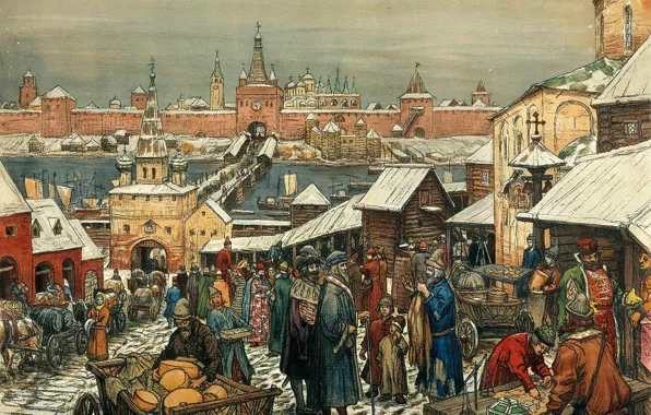 Bridge, river, people, building, picture, the Kremlin, painting, cart