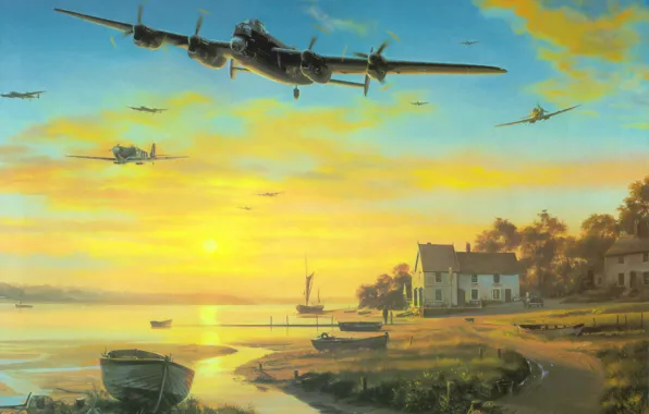 Picture war, airplane, painting, ww2, Avro Lancaster, british bomber, aviation art