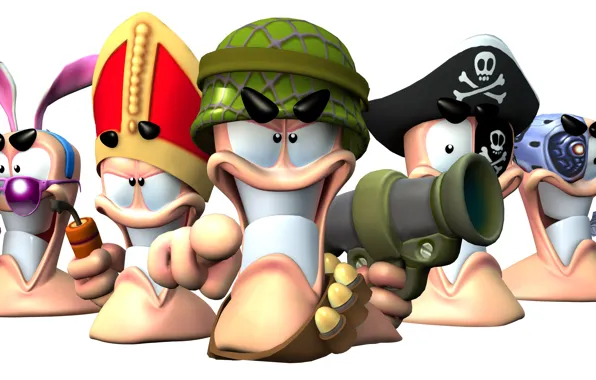 Glasses, pirate, ears, dynamite, Bazooka, worms, the Pope, worms