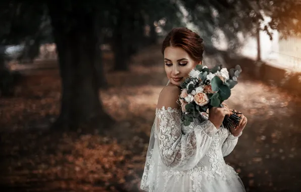 Autumn, girl, flowers, nature, bouquet, dress, the bride, alley