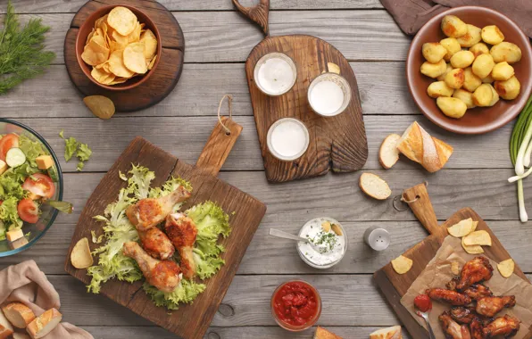 Food, vegetables, sauce, ketchup, salad, chips, potatoes, cutting Board