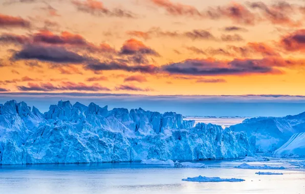 Picture sea, the sky, clouds, ice, blocks, Greenland