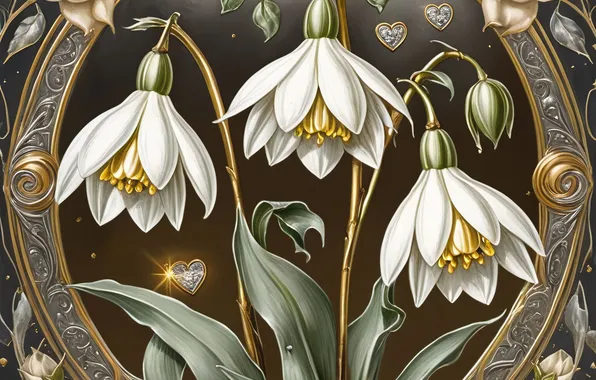 Flowers, pattern, texture, spring, styling, frame, snowdrops, white