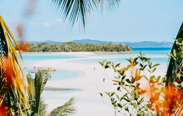 Sand, sea, beach, summer, water, trees, mountains, people