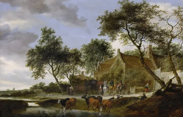 Landscape, home, picture, cows, Salomon van Ruysdael, Solomon van Ruisdael, Resting-place