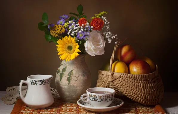 Picture flowers, tea, basket, apples, mug, Cup, vase, still life