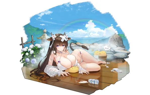 Girl, sexy, cleavage, beach, long hair, sea, boobs, anime