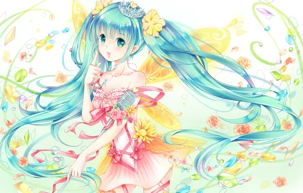 Girl, flowers, art, microphone, bows, vocaloid, hatsune miku, Vocaloid