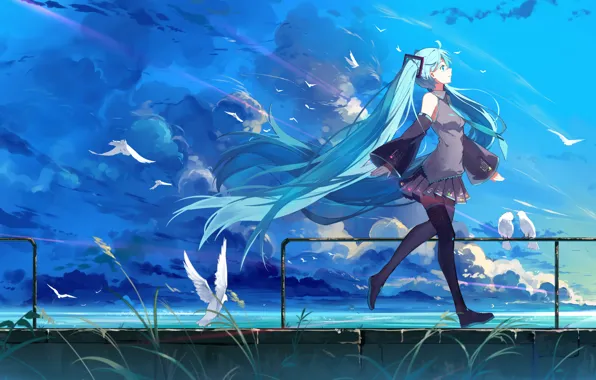 The sky, girl, clouds, birds, nature, smile, anime, art