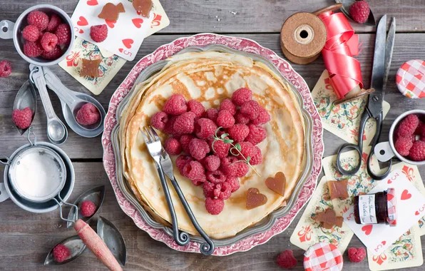 Picture card, berries, raspberry, still life, pancakes, scissors, jam