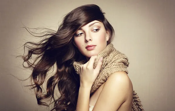 Picture look, face, scarf, brunette