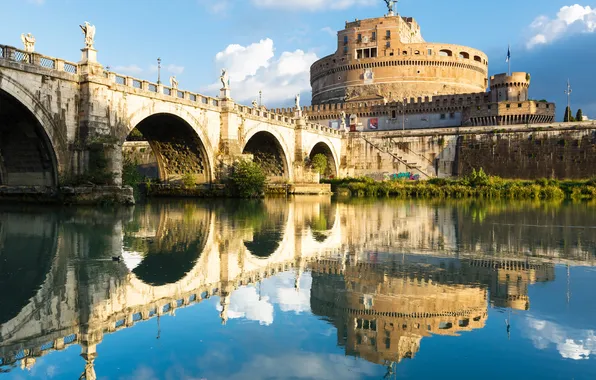 Picture bridge, reflection, river, Rome, Italy, The Tiber, Castel Sant'angelo