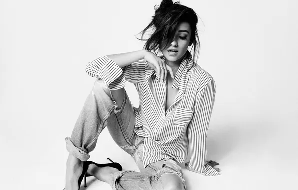 Picture girl, pose, actress, brunette, shirt, sitting, Shay Mitchell