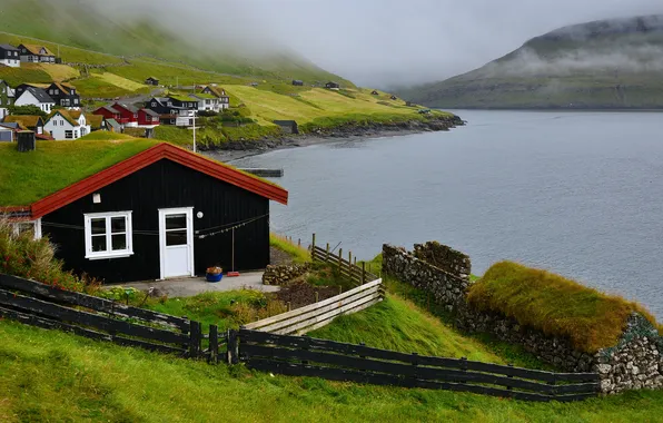 Mountains, house, shore, the fence, Norway, haze, houses, house