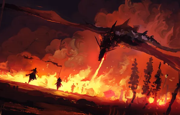 Picture fire, fantasy, trees, painting, dragon, battle, Game of Thrones, digital art