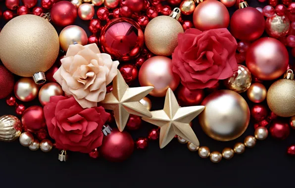 Balls, star, roses, Christmas, red, New year, Christmas decorations, Christmas decorations