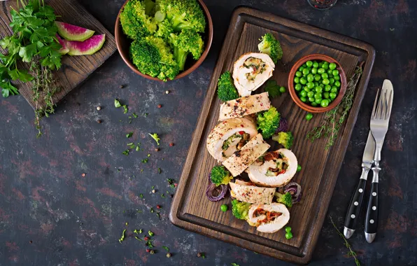 Food, polka dot, meat, vegetables, roll, cutting Board, chicken, Timolina