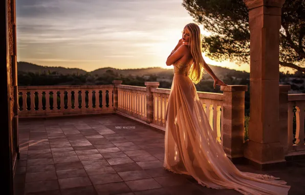 Girl, long hair, dress, photo, sunset, photographer, model, bokeh