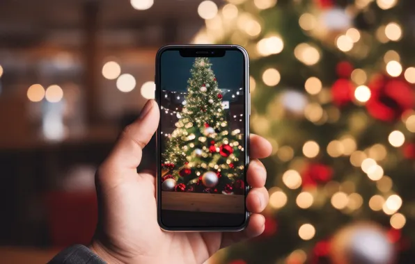 Night, hand, Christmas, New year, gadget, bokeh, smartphone, cell phone