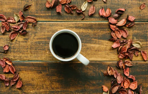 Picture autumn, leaves, background, tree, coffee, colorful, Cup, wood