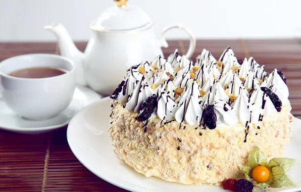 Tea, cake, cream, physalis