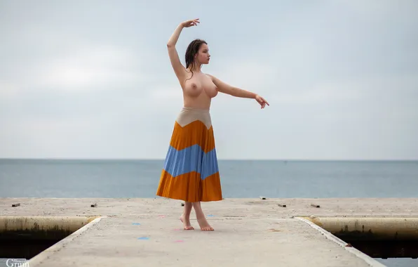 Sea, chest, girl, pose, skirt, hands, pier, Alexander Grinn