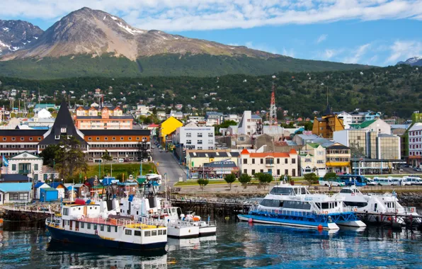 Landscape, mountains, ship, home, pier, port, Argentina, Ushuaia