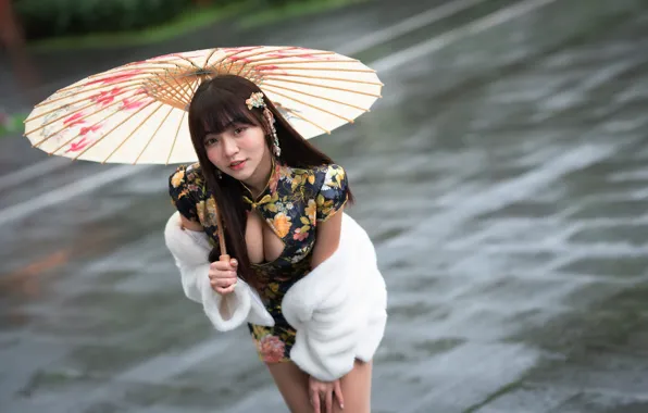 Picture pose, umbrella, dress, neckline, Asian, bokeh