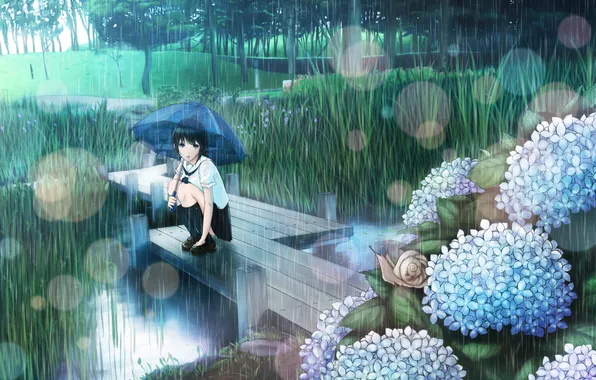 Picture grass, girl, stream, rain, snail, umbrella, art, hydrangeas